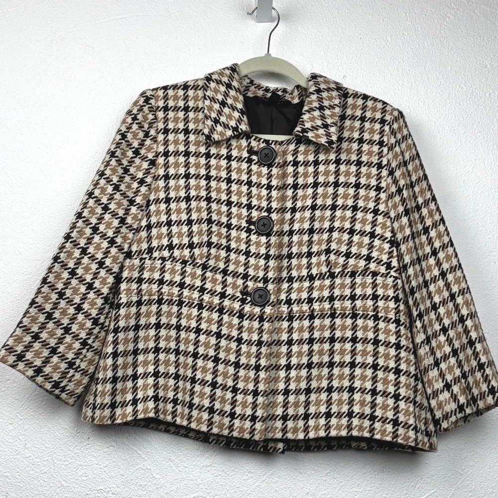 Briggs New York Tan Houndstooth Cropped Jacket - 10 - Wool Blend Dark Academia